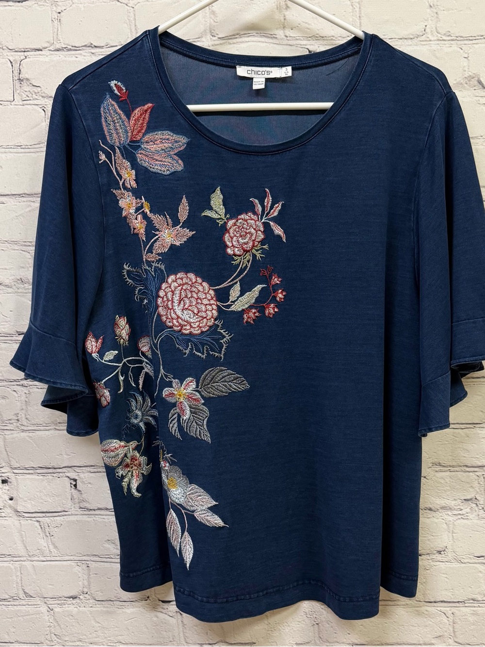 Chico’s Navy Embroidered Top Cotton  Boho Chic Size 3 XL